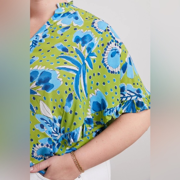Anthropologie Green and Blue Vera Valley Flutter Short Sleeve Button Up Blouse - Picture 8 of 15